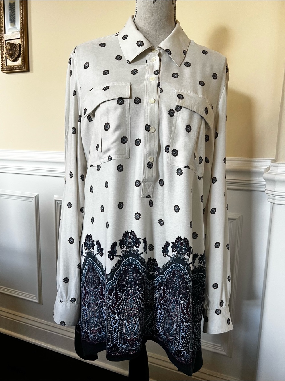 Vintage Style Button Down Ivory/Blue/Burgundy Floral/Paisley Border Print Tunic.